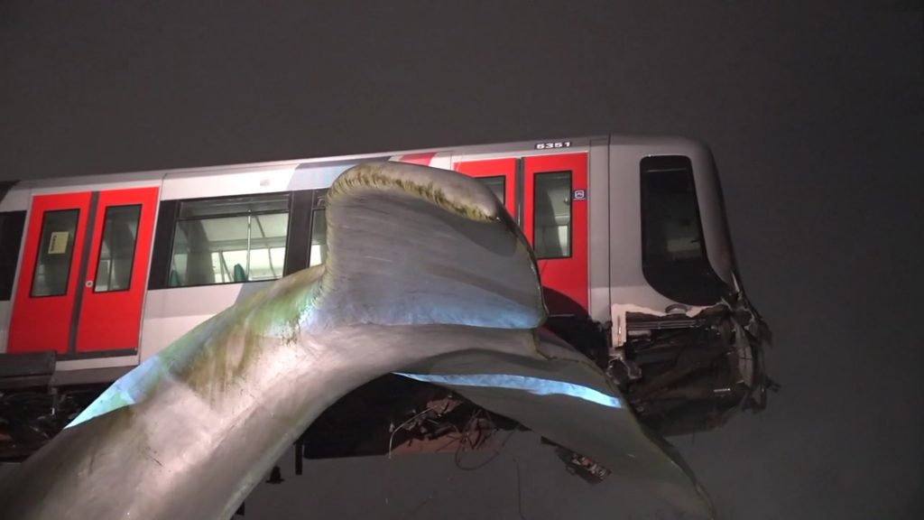 Closeup of the damaged subway car